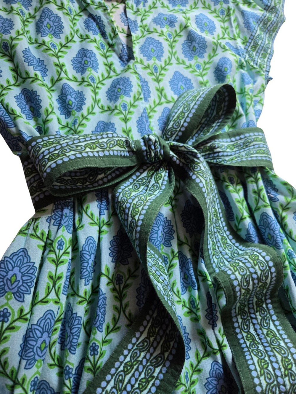 Bindu Pure Indian Artisan Cotton Blue & Green Floral Maxi Dress Contrast Sash Sm - Picture 4 of 10